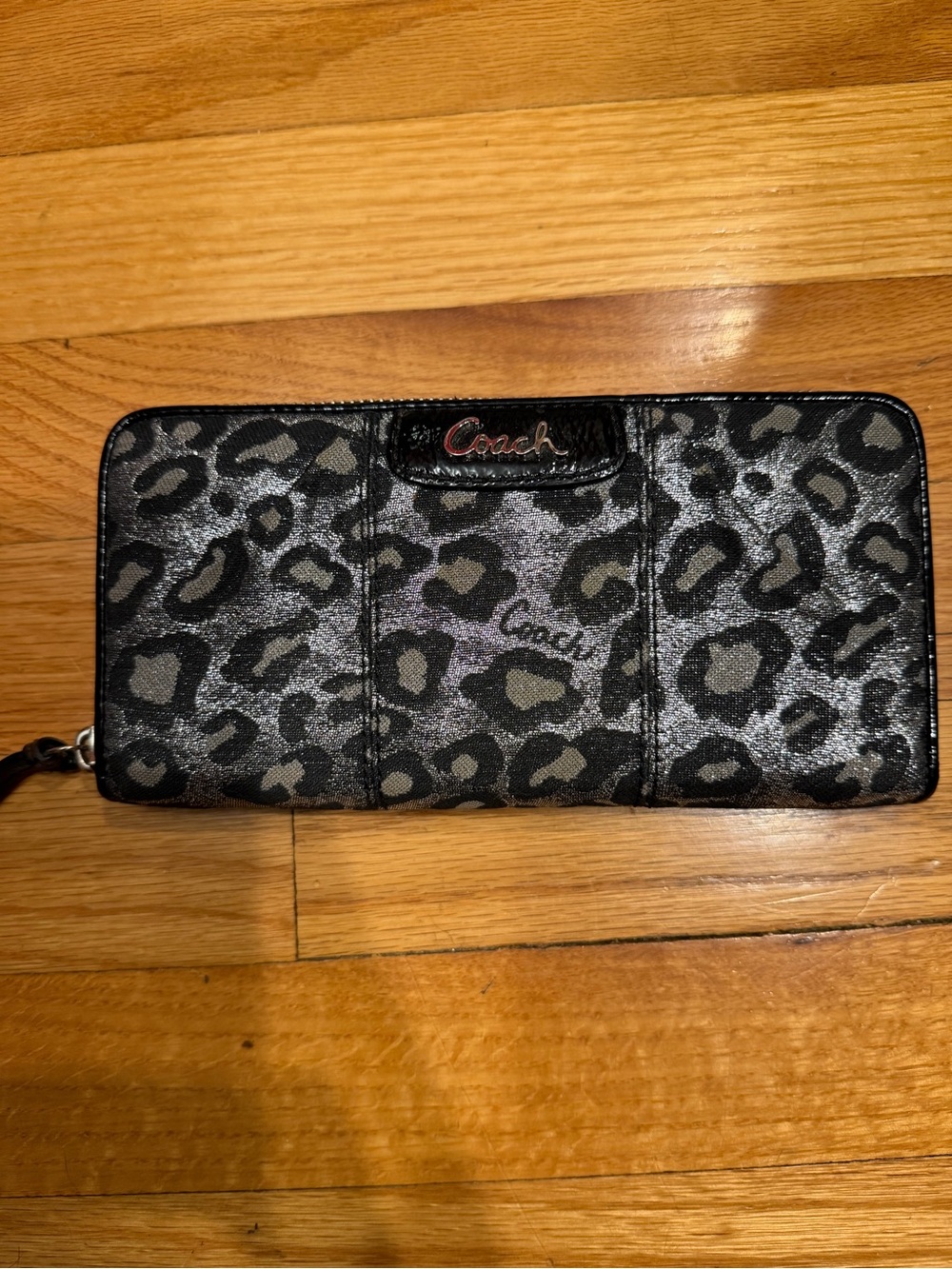 Coach Leopard Print Zip Wallet - Black and Gray